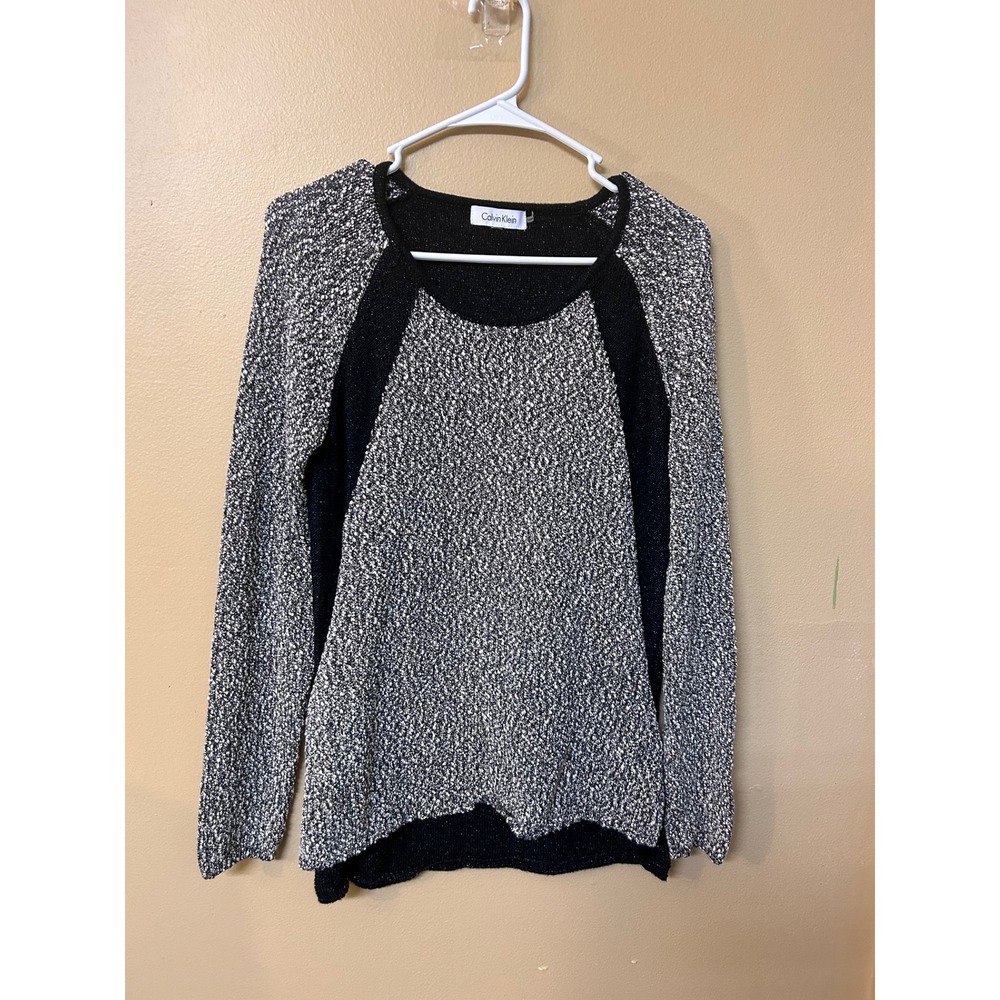 Calvin Klein Women Knit Sweater Black White Speckled Long Sleeve‎ Crew Neck Top